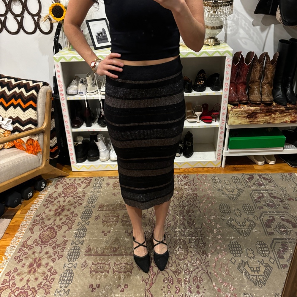 Metallic lurex sweater bodycon midi skirt